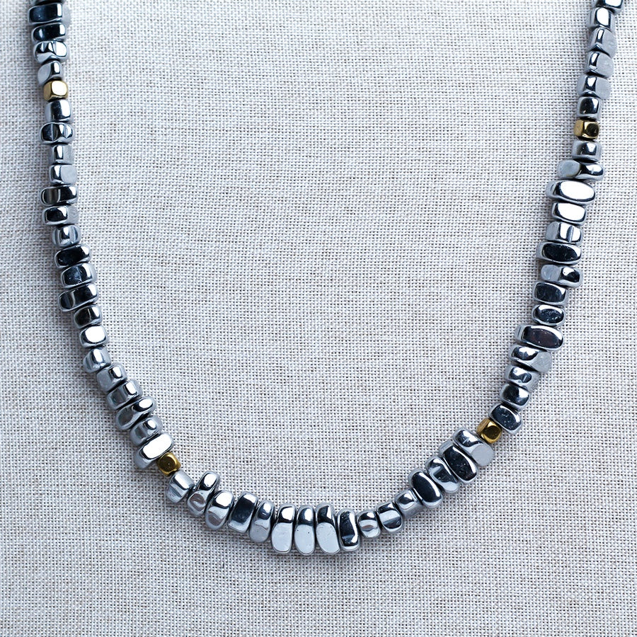 Tumbled Hematite Stones & Golden Accents Necklace – Silver