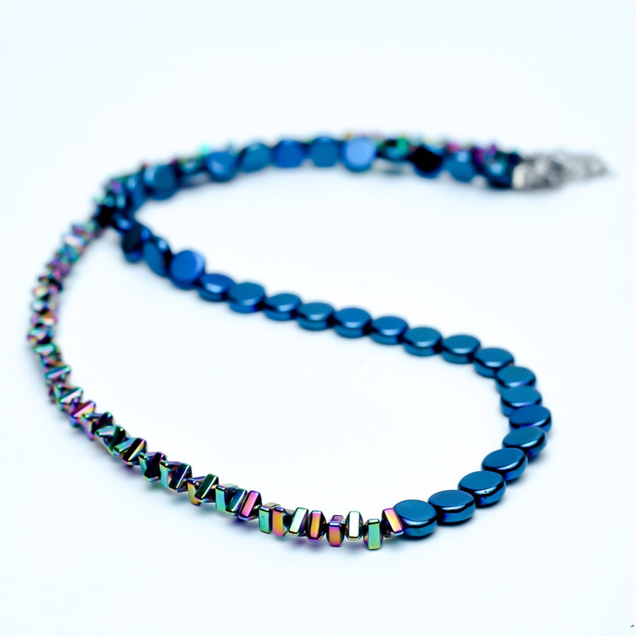 Azure Hematite & Iridescent Cubes Necklace – Blue