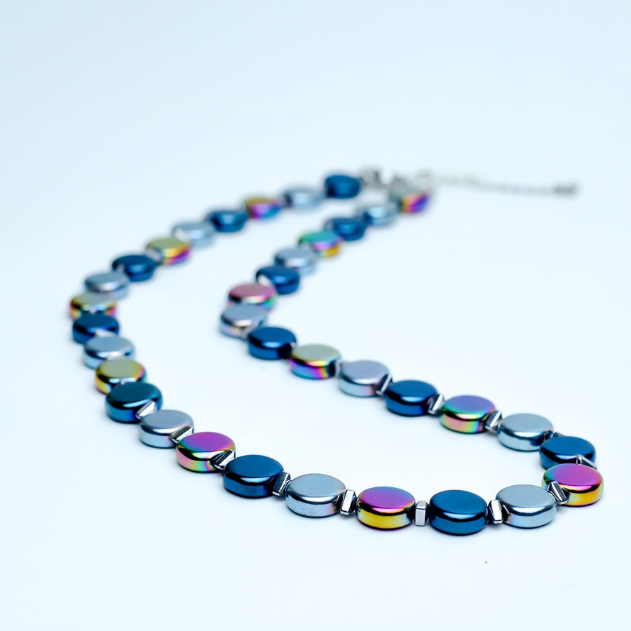 Hematite Discs & Prismatic Accents Necklace – Blue & Silver