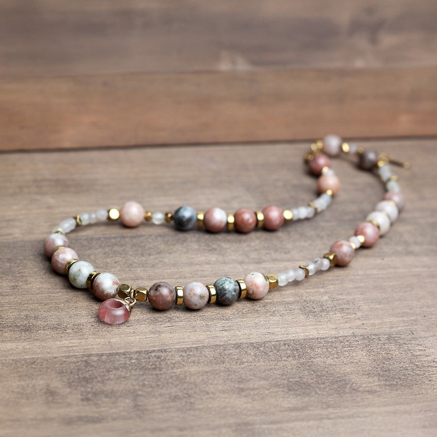Multi-Tonal Stone & Rose Quartz Necklace – Earthy
