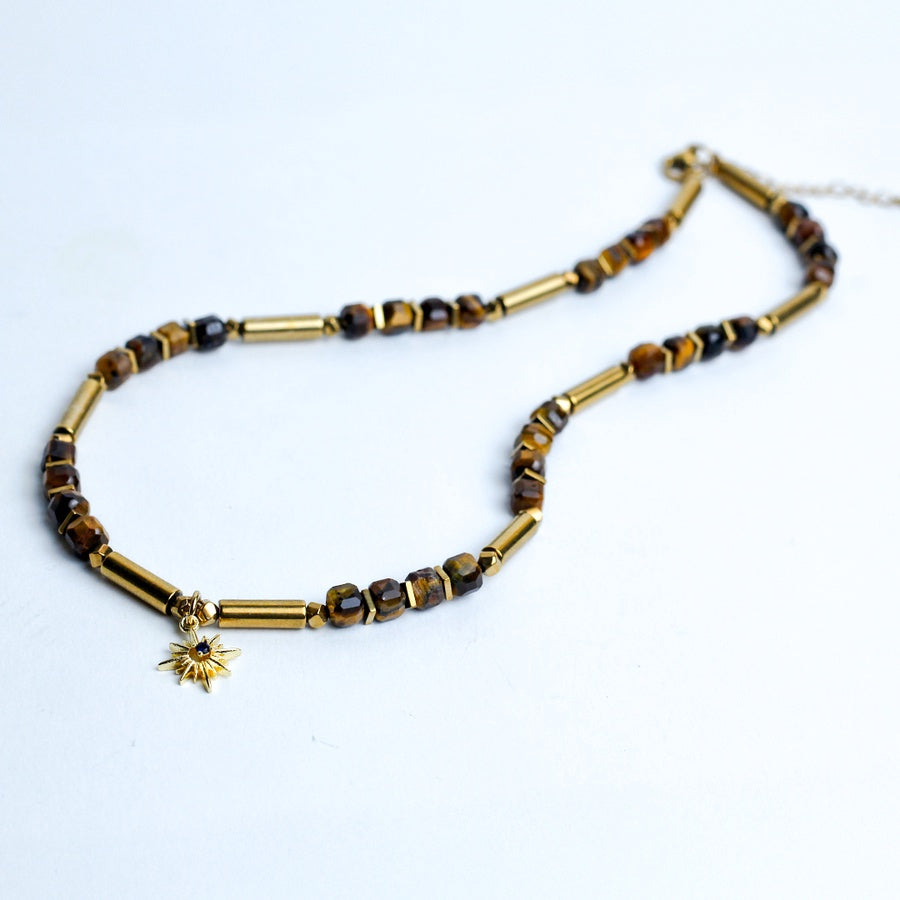 Tiger’s Eye & Gold-Toned Bead Necklace – Brown