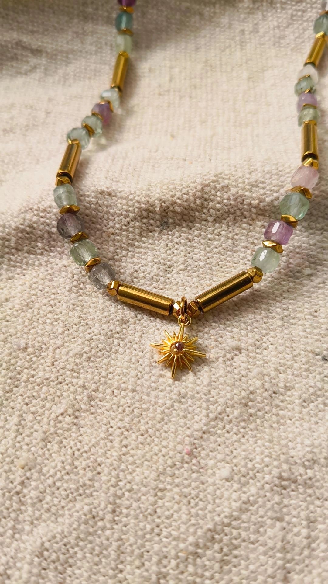 Fluorite & Gold-Toned Column Necklace – Multi-Color