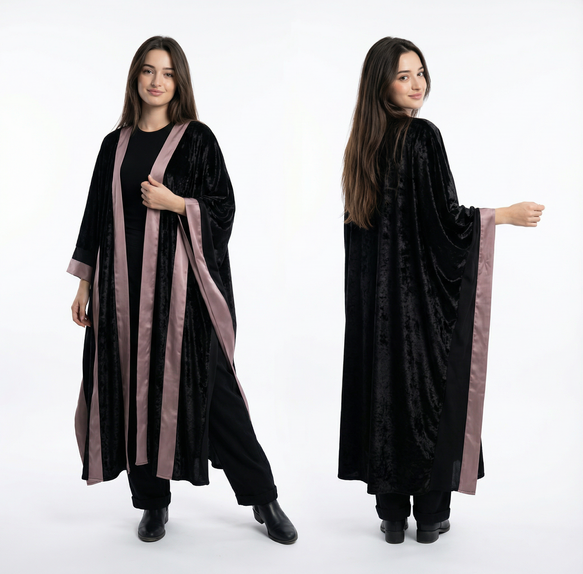 Majesty Trim Velvet Kimono - Black x Pink