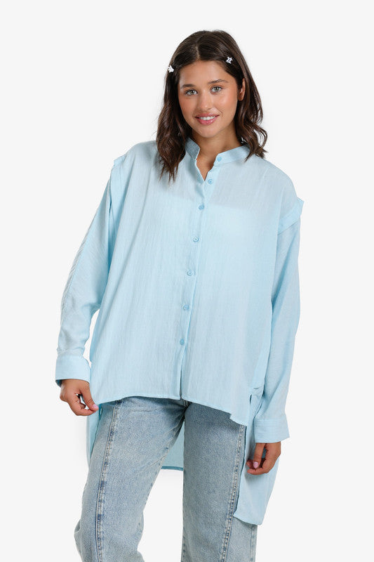 Solid Asymmetric Hem Shirt – Light Blue