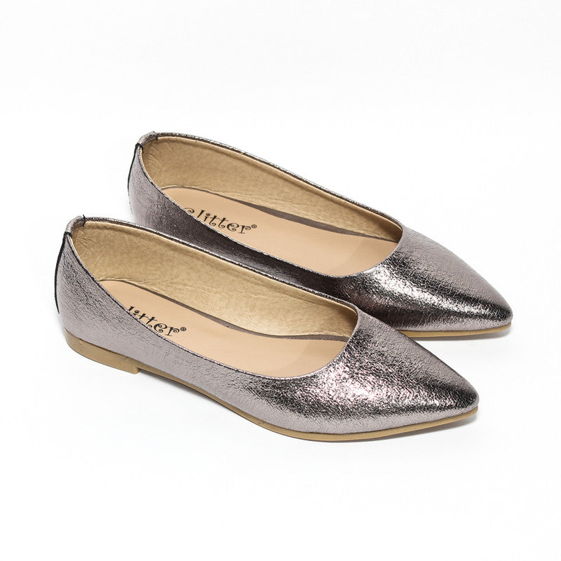 Faux Leather Women Glitter Ballerina - Grey