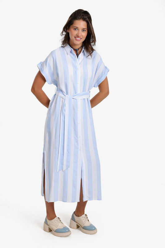 Striped Belted Shirt Dress – Blue