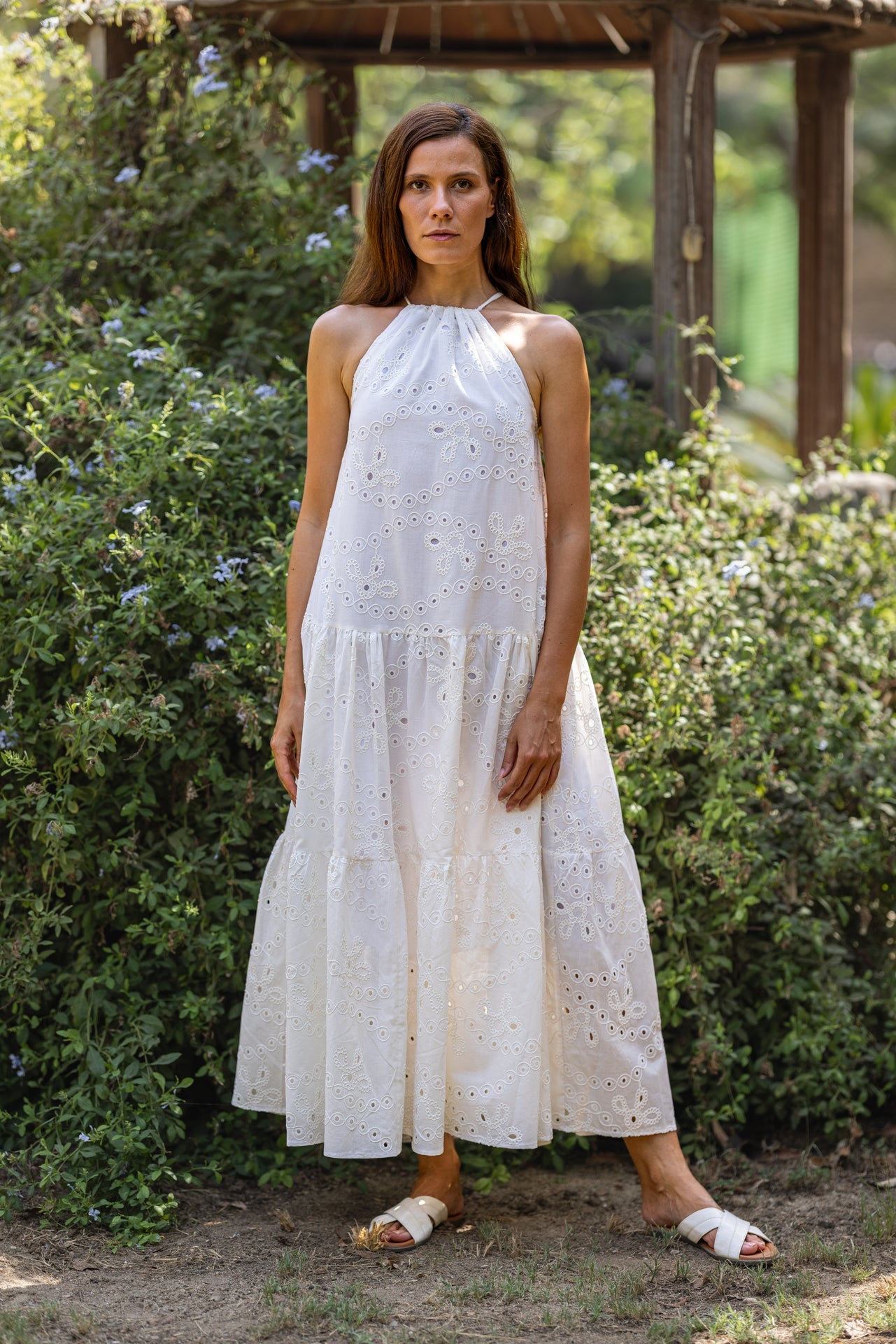 Broderie Halter Tiered Maxi Dress – White