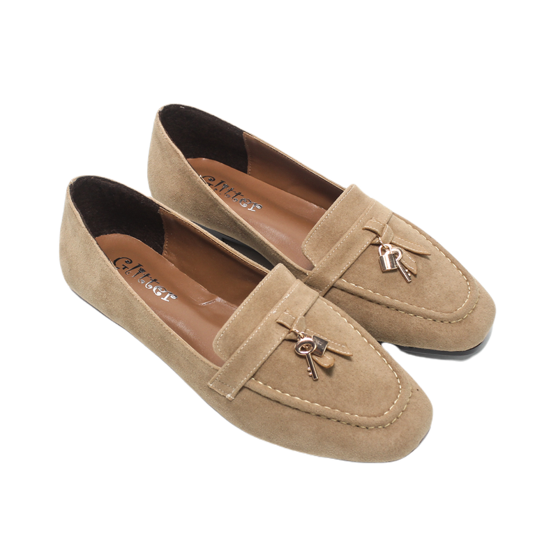 Tan Suede Flat Loafers with Tassel & Charm Details