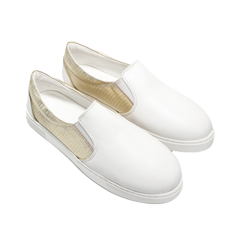 Faux Leather Slip-On Sneakers – White & Gold
