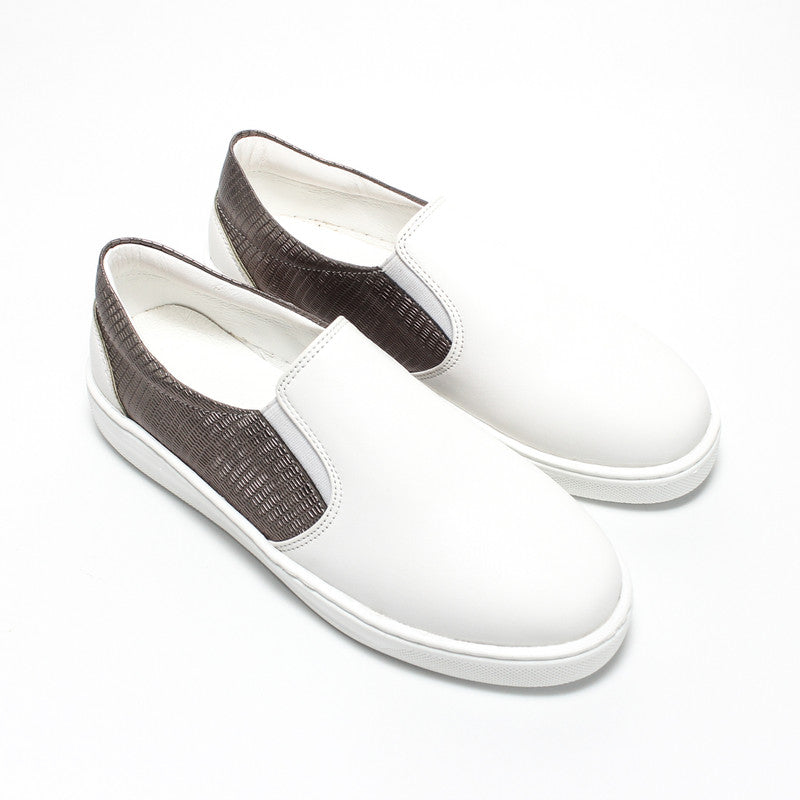 Faux Leather Slip-On Sneakers – White & Dark Grey