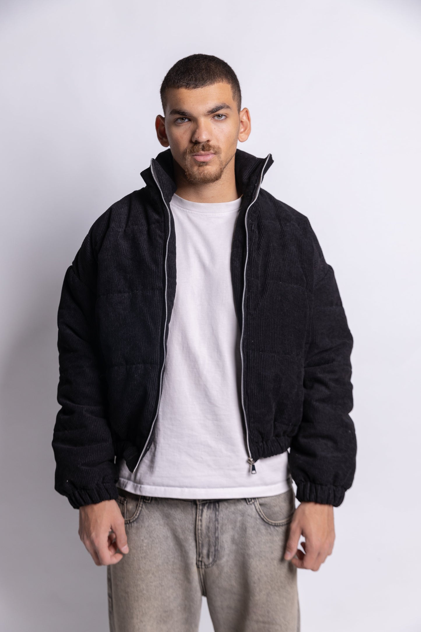 Cropped Corduroy Puffer Jacket - Black