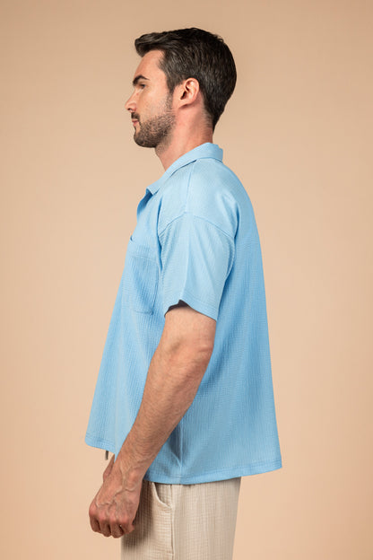 Moon Crushed Boxy Fit Polo Shirt - Sky Blue