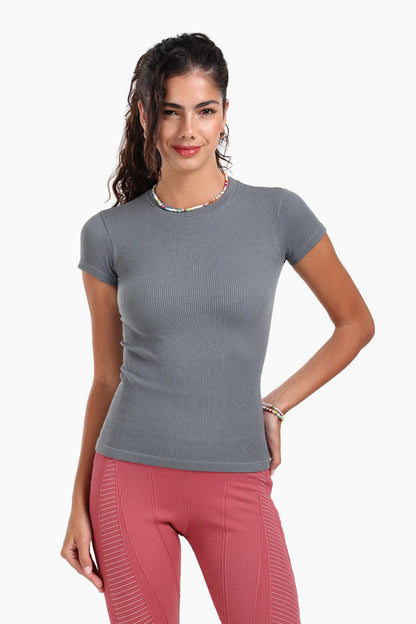 Polyamide Ribbed Slim Fit Top – Grey