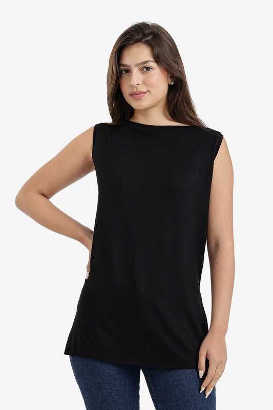 Boat Neck Sleeveless T-Shirt with Side Slits – Black