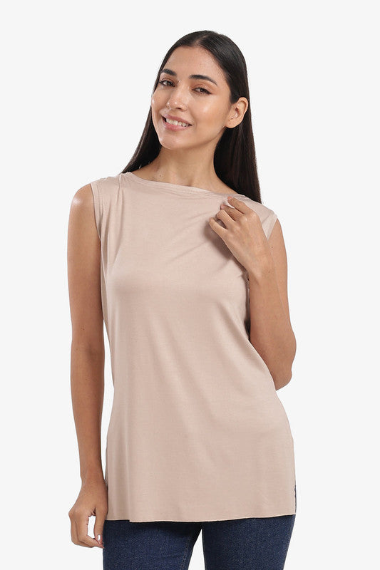 Boat Neck Sleeveless T-Shirt with Side Slits – Beige