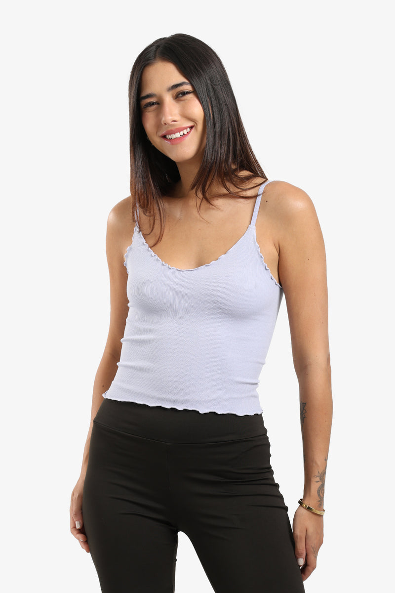 Microfiber Ribbed Plunge Ruffled Neck Top – Lavender