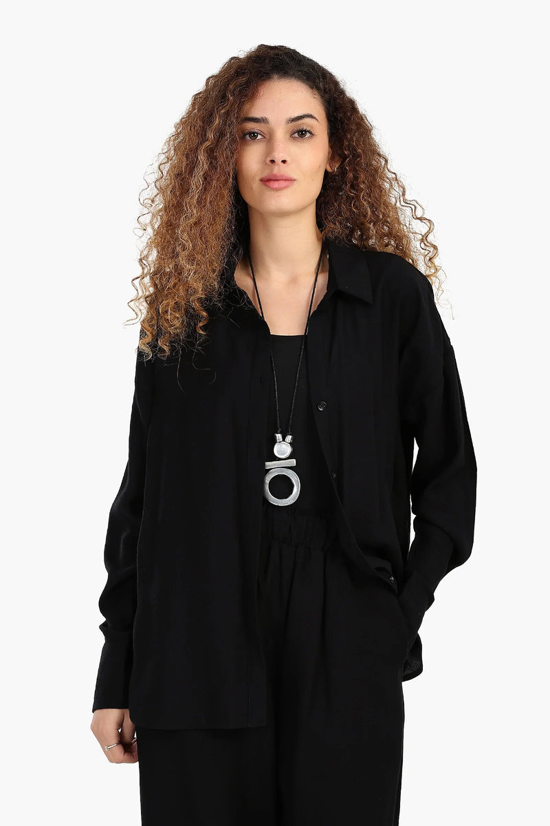 Polyester Solid Dropped Shoulder Lounge Shirt – Black