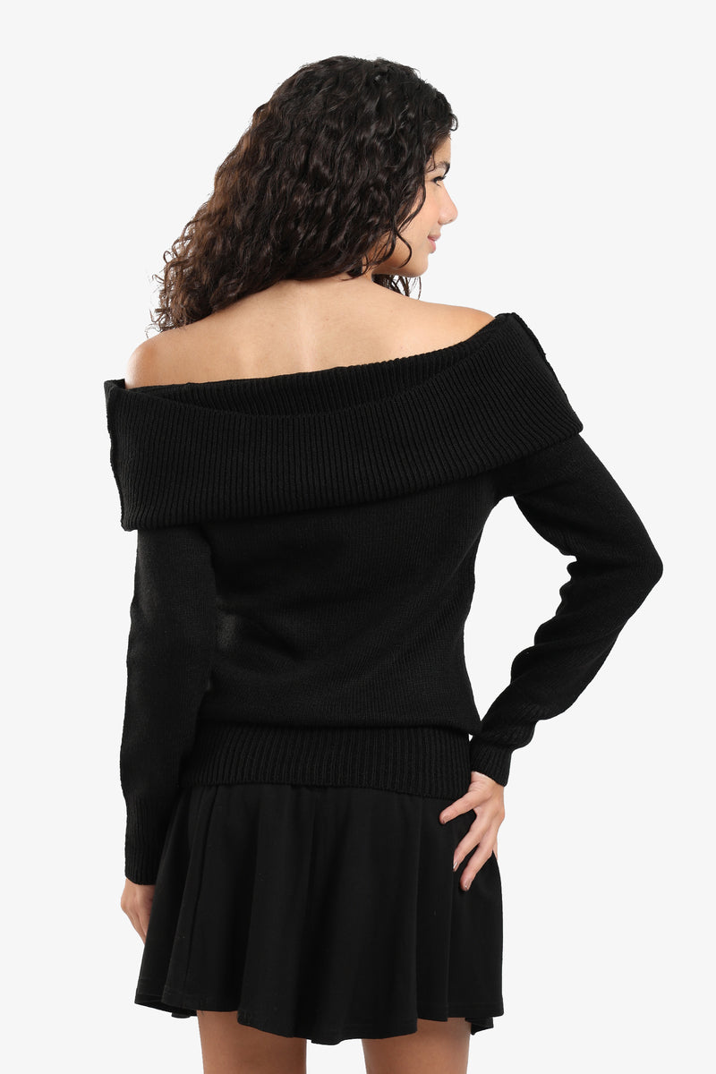 Acrylic Blend Ribbed Off-Shoulder Pullover – Black