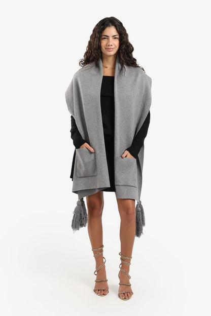Acrylic Solid Knitted Poncho with Tassels – Grey
