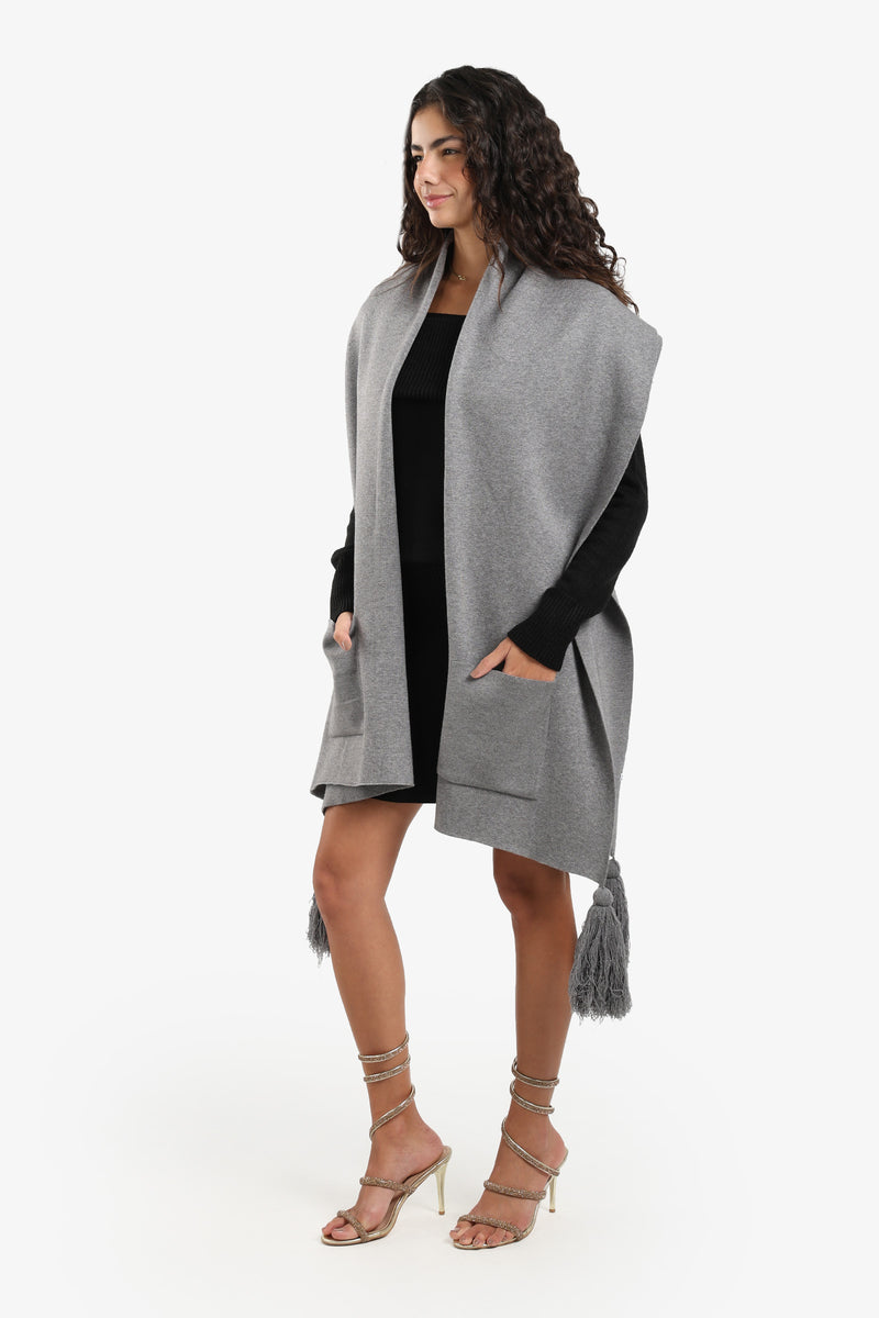 Acrylic Solid Knitted Poncho with Tassels – Grey