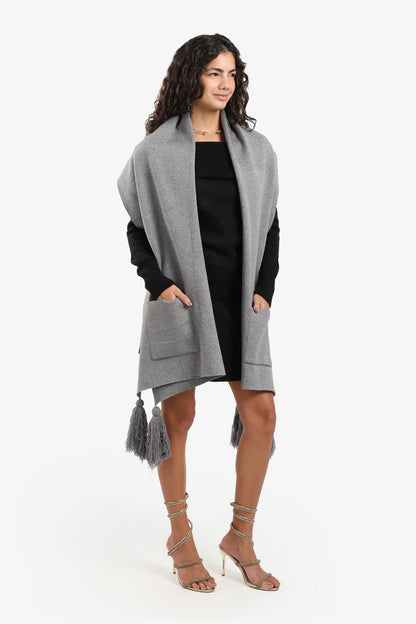Acrylic Solid Knitted Poncho with Tassels – Grey