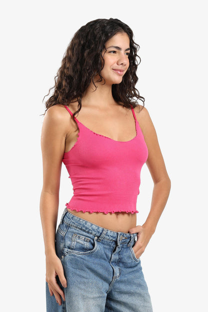 Microfiber Ribbed Plunge Ruffled Neck Top – Hot Pink