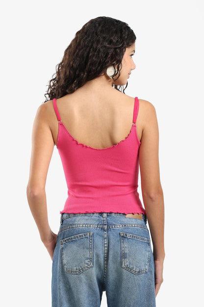Microfiber Ribbed Plunge Ruffled Neck Top – Hot Pink