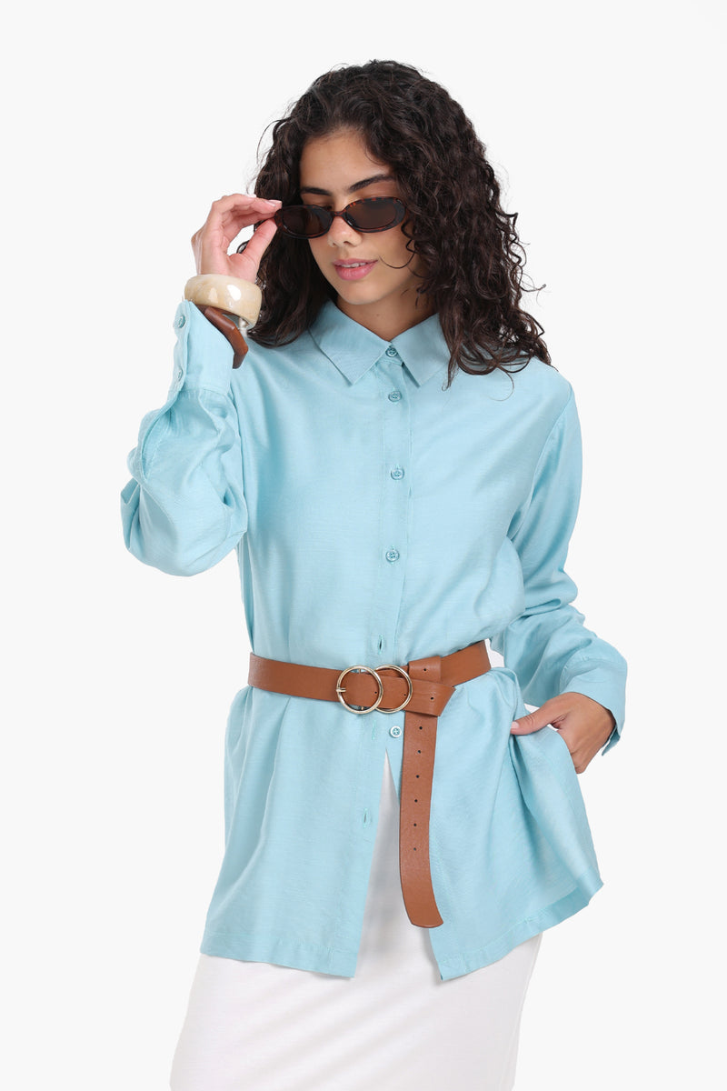 Voile Solid Long-Sleeve Shirt – Aqua Blue