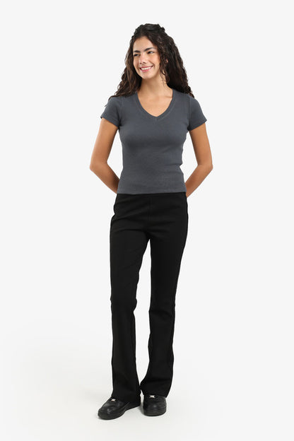 Cotton Blend Solid Flare Pants – Black