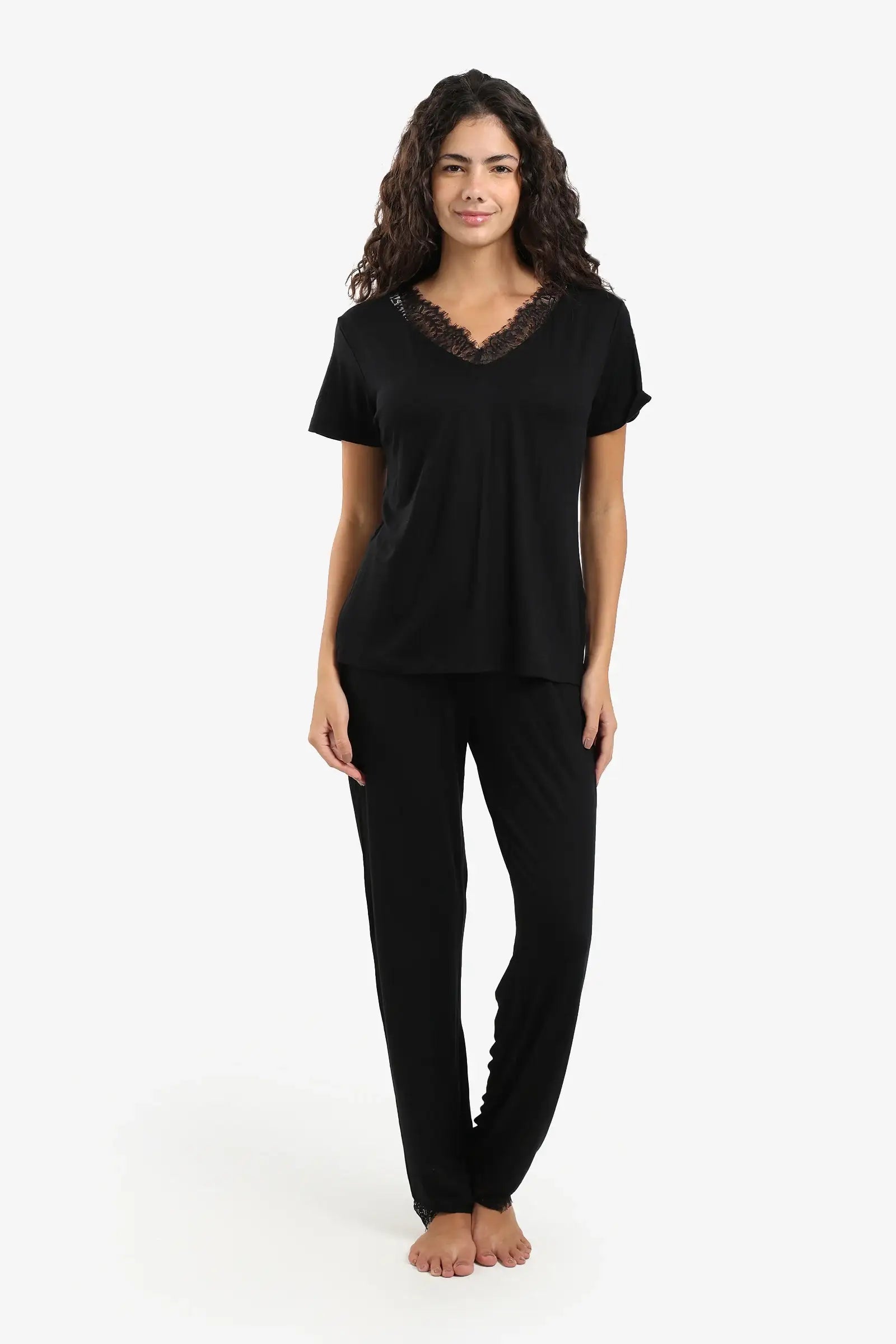 Solid Lace Trim Pajama Set – Black