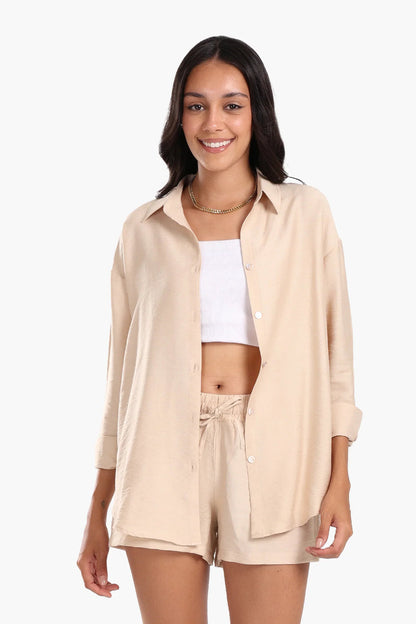 Tencel Solid Beach Shirt & Shorts Set – Beige