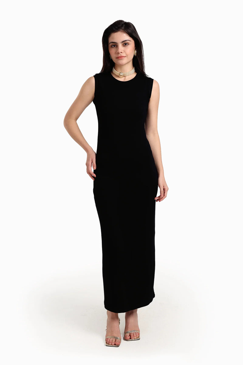 Viscose Blend Solid Sleeveless Dress – Black