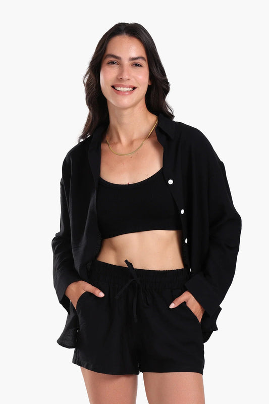 Tencel Solid Beach Shirt & Shorts Set – Black