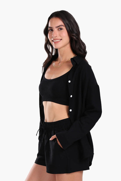 Tencel Solid Beach Shirt & Shorts Set – Black