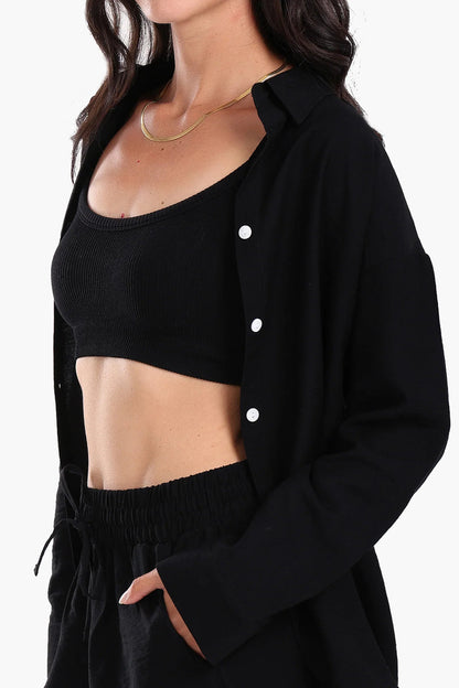 Tencel Solid Beach Shirt & Shorts Set – Black