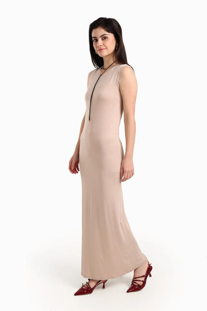 Viscose Blend Solid Sleeveless Dress – Beige
