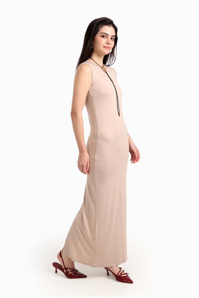Viscose Blend Solid Sleeveless Dress – Beige