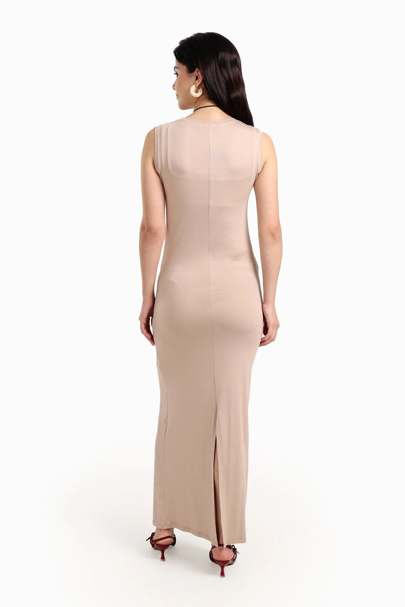 Viscose Blend Solid Sleeveless Dress – Beige