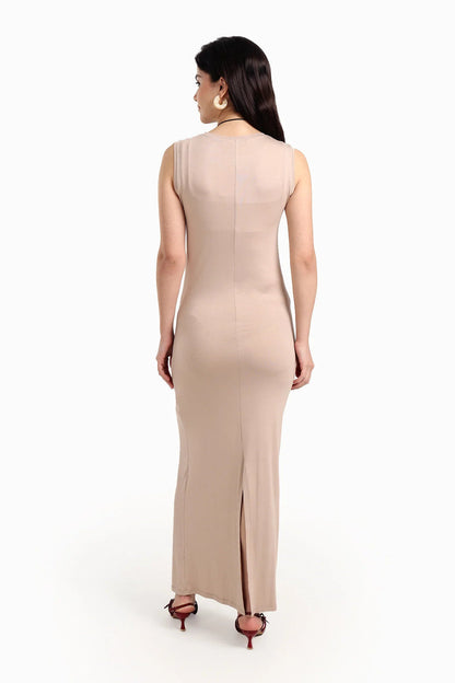 Viscose Blend Solid Sleeveless Dress – Beige