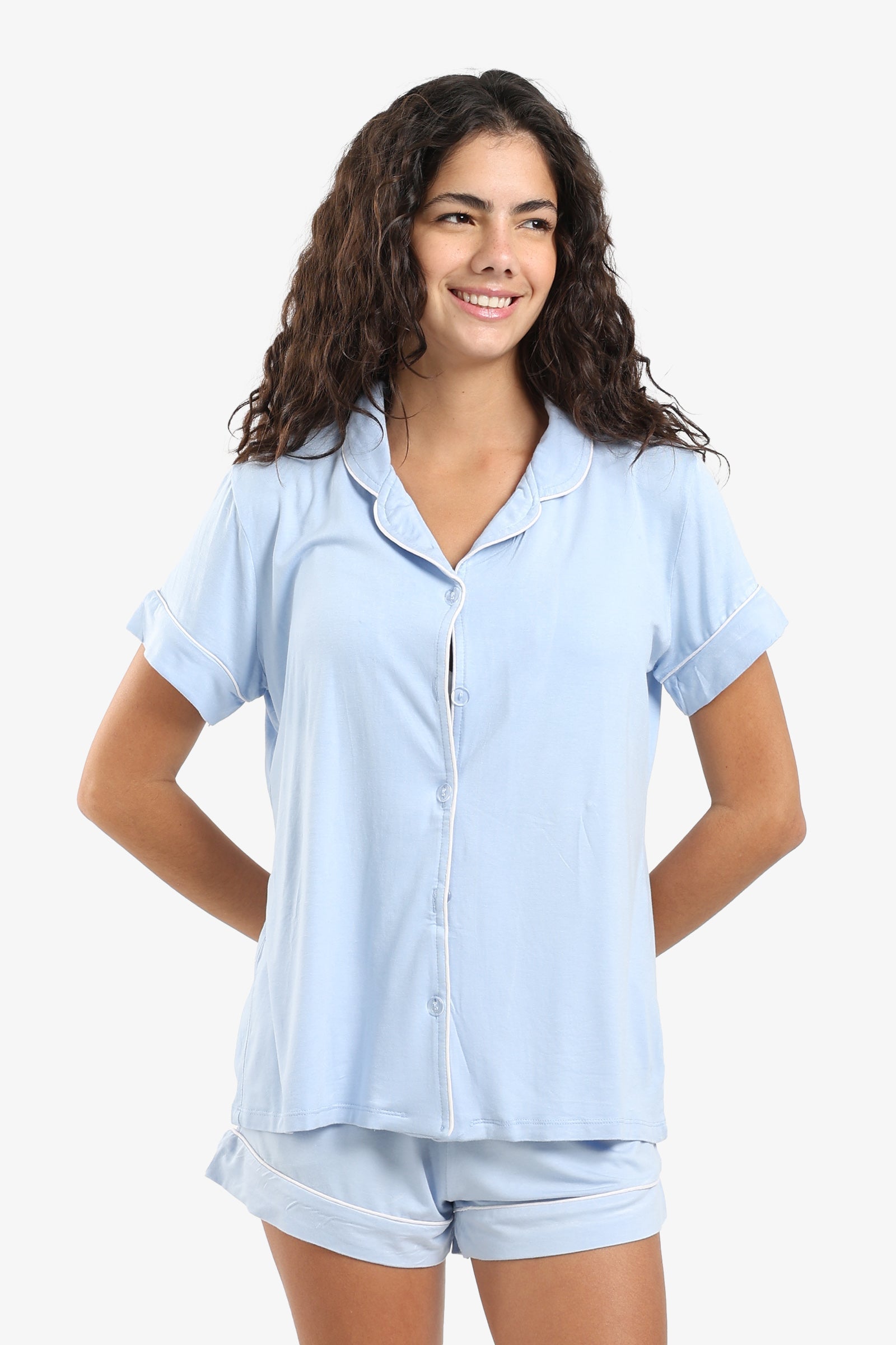 Solid Contrast Piping Short Pajama Set – Light Blue