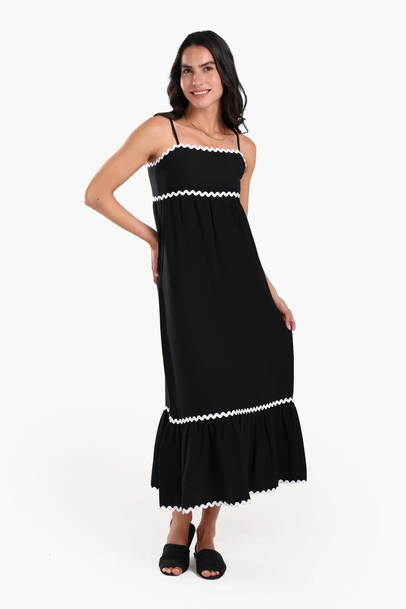Tencel Solid Ric Rac Trim Beach Dress – Black