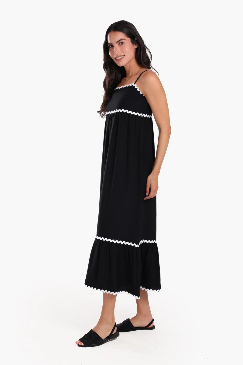 Tencel Solid Ric Rac Trim Beach Dress – Black