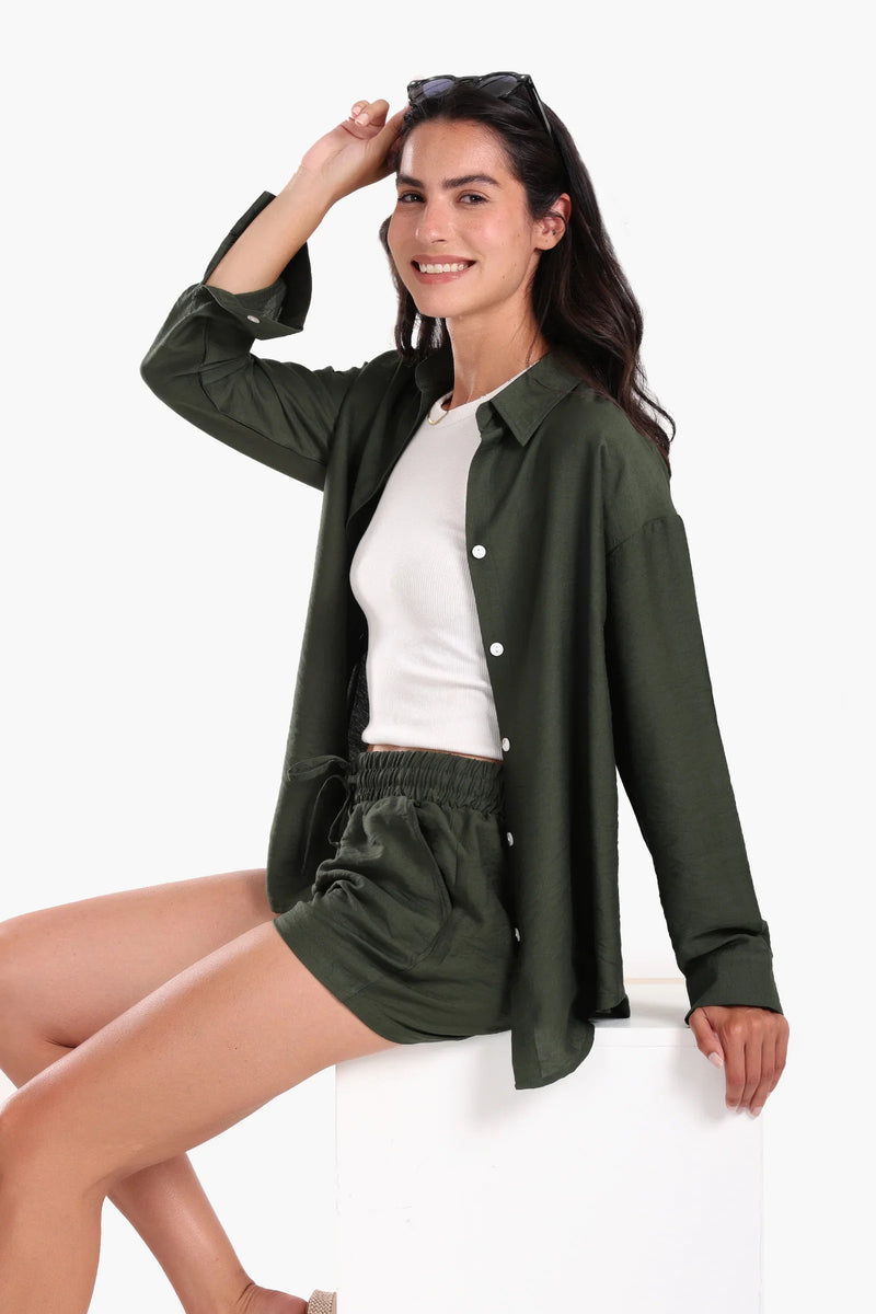Tencel Solid Beach Shirt & Shorts Set – Olive