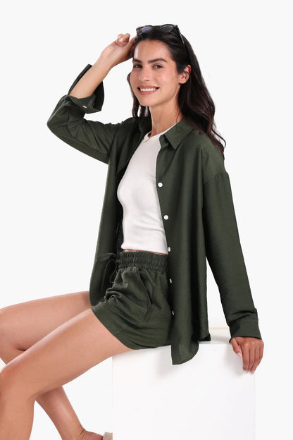 Tencel Solid Beach Shirt & Shorts Set – Olive