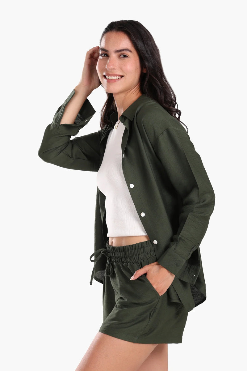 Tencel Solid Beach Shirt & Shorts Set – Olive
