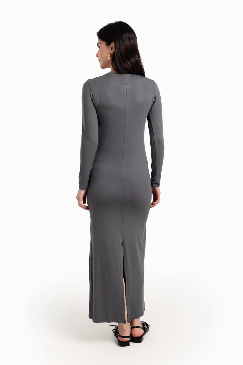 Viscose Blend Solid Slim Dress – Grey