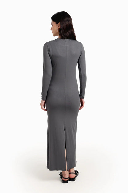 Viscose Blend Solid Slim Dress – Grey