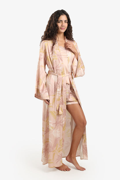 Satin Leaf Print Maxi Robe – Blush Pink