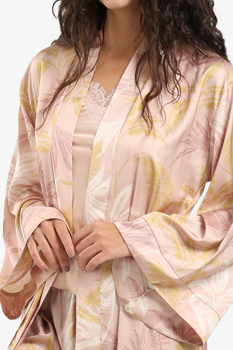Satin Leaf Print Maxi Robe – Blush Pink