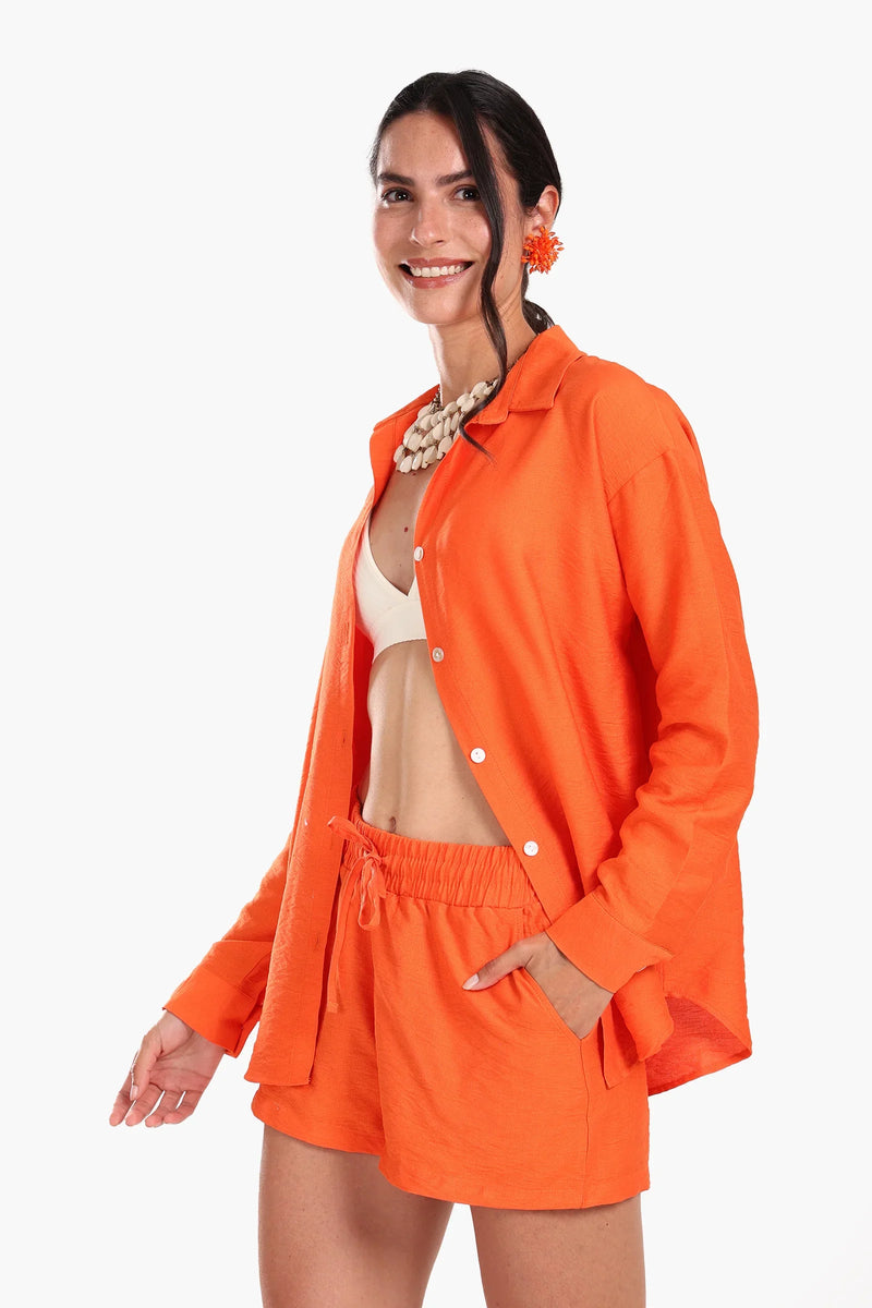 Tencel Solid Beach Shirt & Shorts Set – Orange